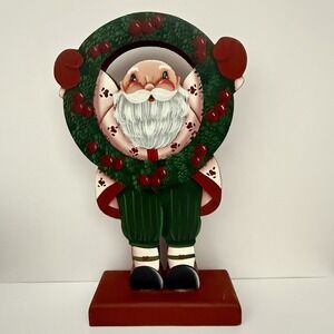 Wood Hand Painted Santa Clause Old World Santa Saint Nick With Wreath Vintage